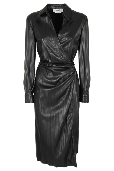 Shop Msgm Faux-leather V-neck Wrap Dress In Nero