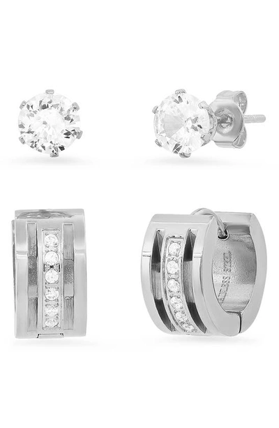 Shop Hmy Jewelry Stainless Steel 2-piece Crystal Earring Set In Metallic