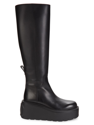 Shop Valentino Women's Leather Platform Knee High Boots In Nero