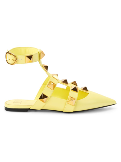 Shop Valentino Women's Rockstud Leather Ankle Strap Flats In Lime Sorbet