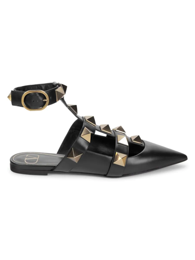 Shop Valentino Women's Rockstud Leather Ankle Strap Flats In Nero