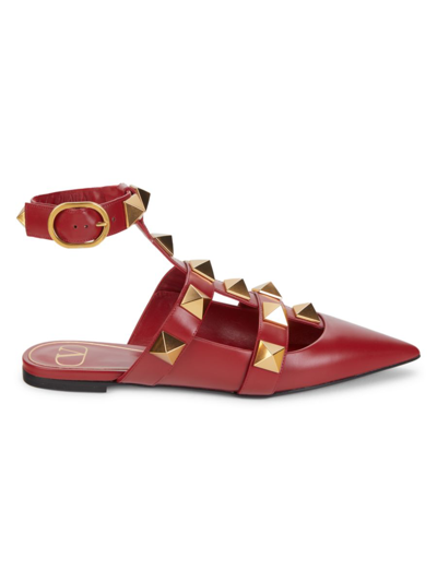 Shop Valentino Women's Rockstud Leather Ankle Strap Flats In Rosso