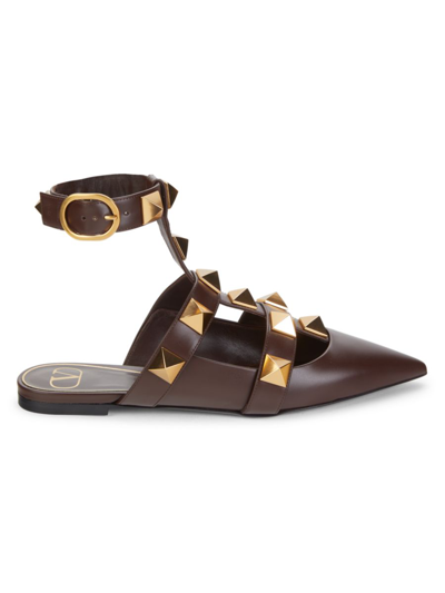 Shop Valentino Women's Rockstud Leather Ankle Strap Flats In Brown