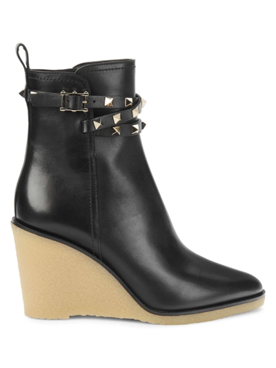 Shop Valentino Women's Rockstud Leather Wedge Heel Ankle Boots In Nero