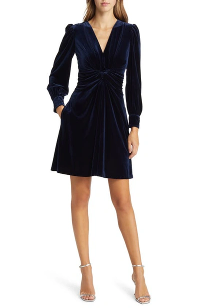 Shop Vince Camuto Twist Front Long Sleeve Velvet Fit & Flare Dress In Navy