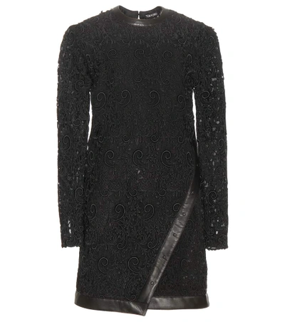 Tom Ford Leather-trimmed Guipure Lace Mini Dress In Black