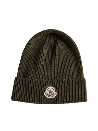 Shop Moncler Logo Patch Knitted Beanie In Green