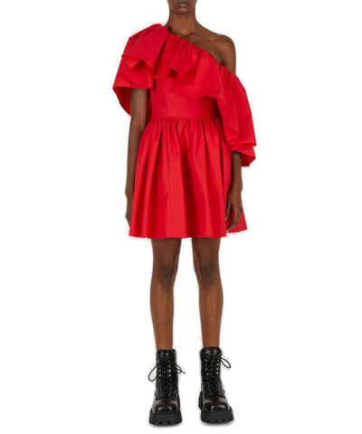 Shop Alexander Mcqueen Asymmetric Ruffle Mini Dress In Red