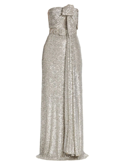 Shop Badgley Mischka Women's Strapless Sequin Bow Gown In Silver