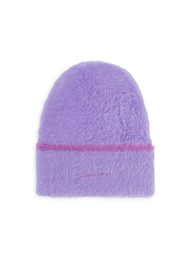Shop Jacquemus Women's Fuzzy Logo Beanie In Purple