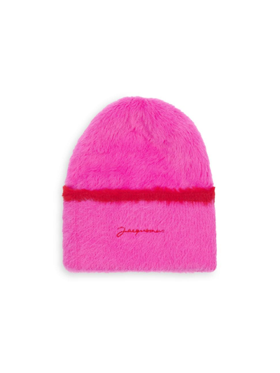 Shop Jacquemus Women's Fuzzy Logo Beanie In Pink