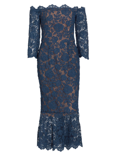 Shop Marchesa Notte Women's Off-the-shoulder Lace Midi-dress In Slate Blue