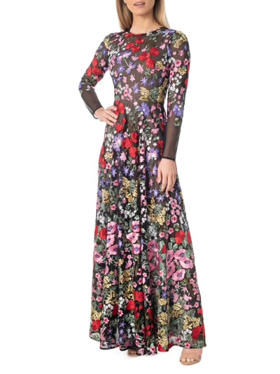 Shop Dress The Population Women's Ava Embroidered Floral Gown In Rouge Multi