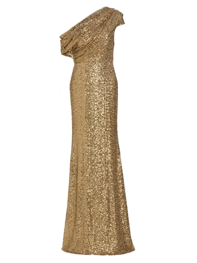 Shop Badgley Mischka Women's Asymmetric Draped Sequin Gown In Gold
