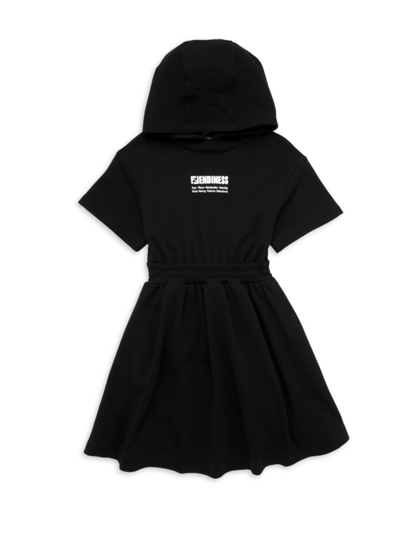 Shop Fendi Girl's Logo Trim Hooded Dress In Black
