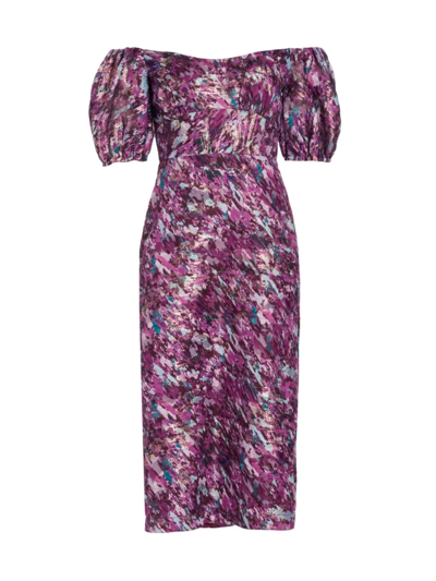 Shop ml Monique Lhuillier Women's Off-the-shoulder Printed Organza Midi-dress In Painted Blur