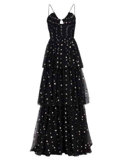 Shop ml Monique Lhuillier Women's Sleeveless Glittered Tulle Gown In Black