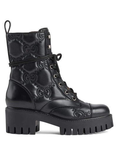 Shop Gucci Women's Quilted-logo Leather Combat Boots In Nero