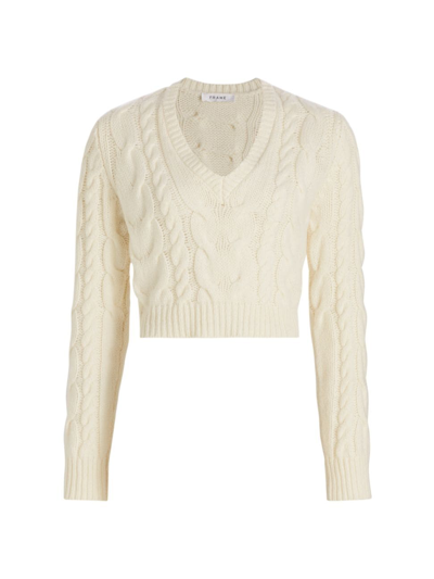 Shop Frame Women's Cropped Cable Knit V-neck Sweater In Off White