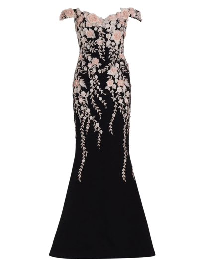 Shop Marchesa Women's Embroidered Floral Off-the-shoulder Gown In Black