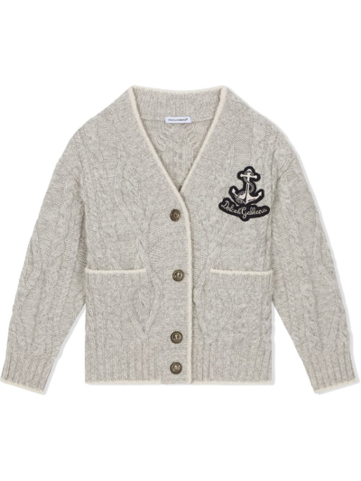 Shop Dolce & Gabbana Cable-knit Logo-patch Cardigan In Grey
