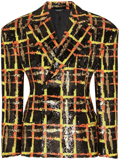Dolce & Gabbana Sequinned Plaid Double-breasted Suit Jacket In Black