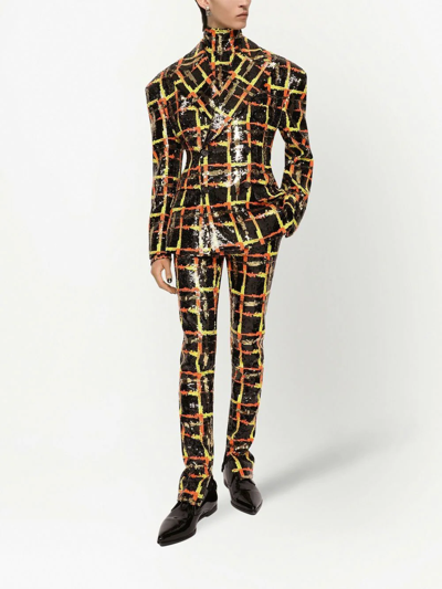Dolce & Gabbana Sequinned Plaid Double-breasted Suit Jacket In Black