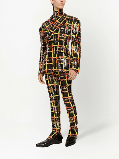 Dolce & Gabbana Sequinned Plaid Double-breasted Suit Jacket In Black