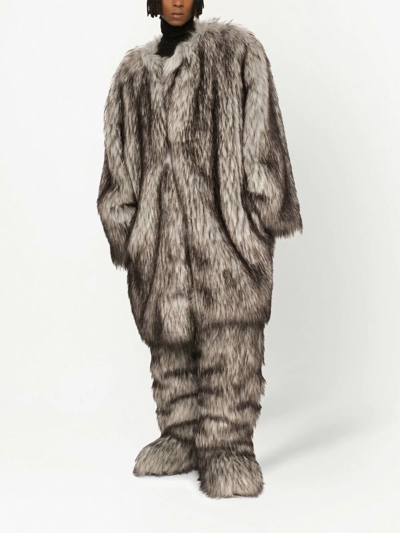 Dolce & Gabbana Single-breasted Faux Fur Coat In Neutrals