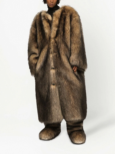 Shop Dolce & Gabbana Single-breasted Faux-fur Coat In Brown