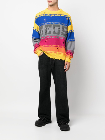 Shop Gcds Intarsia-knit Striped Jumper In Blau