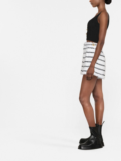Balmain High Waist Button Accent Striped Tweed Shorts In White