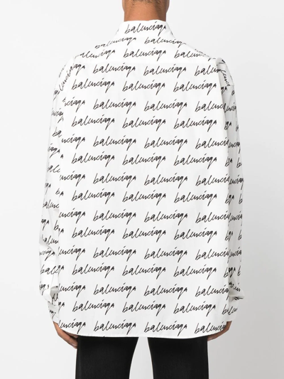 Shop Balenciaga Oversized Logo-print Button-down Shirt In Weiss