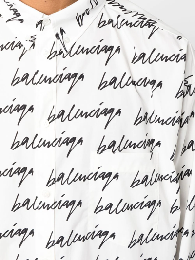 Shop Balenciaga Oversized Logo-print Button-down Shirt In Weiss