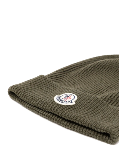 Moncler Dark Green Logo-patch Ribbed Beanie In Green