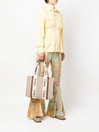 Chloé Neutral Woody Medium Canvas Tote Bag In Neutrals