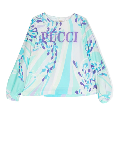 Shop Pucci Junior Abstract-print Long-sleeved Blouse In Blau