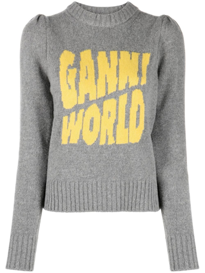 Shop Ganni Knitted Intarsia-logo Jumper In Grau