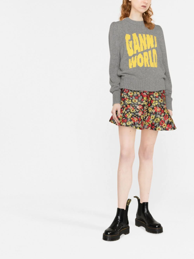 Shop Ganni Knitted Intarsia-logo Jumper In Grau