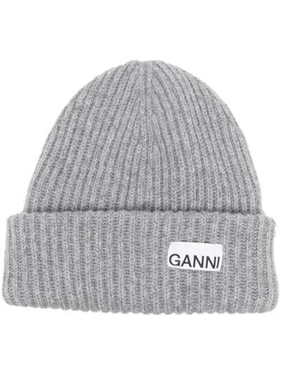 Shop Ganni Logo-patch Rib-knit Beanie In Grau