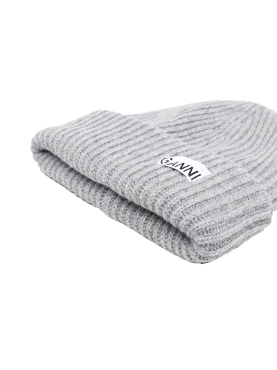 Shop Ganni Logo-patch Rib-knit Beanie In Grau