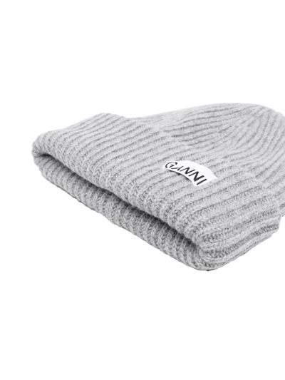 Ganni Gray Oversized Wool Rib Knit Beanie In Grau