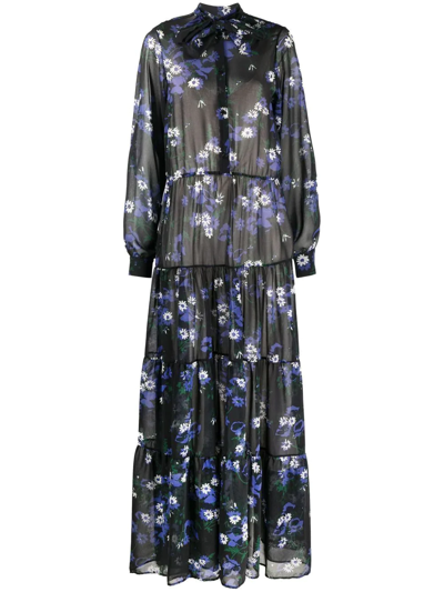Plan C Floral Chiffon Tiered Maxi Shirtdress In Blue