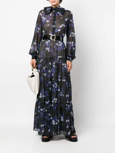 Plan C Floral Chiffon Tiered Maxi Shirtdress In Blue