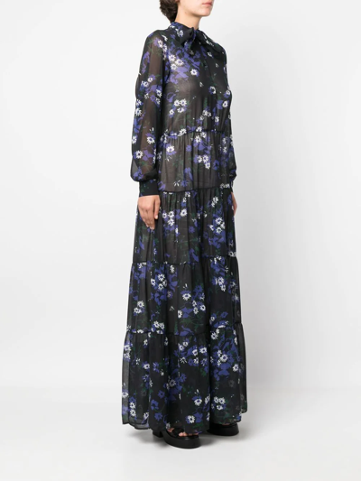 Plan C Floral Chiffon Tiered Maxi Shirtdress In Blue