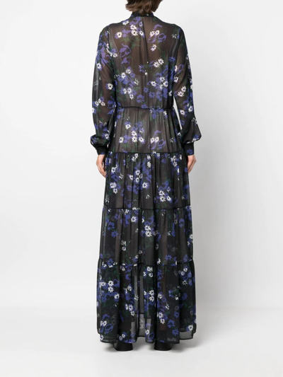 Plan C Floral Chiffon Tiered Maxi Shirtdress In Blue