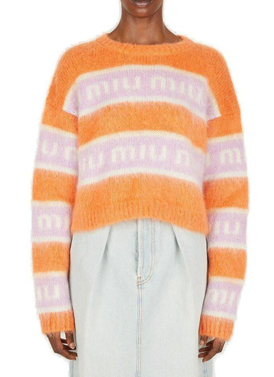 Miu Miu Logo-jacquard Color-block Crewneck Sweater In Orange | ModeSens