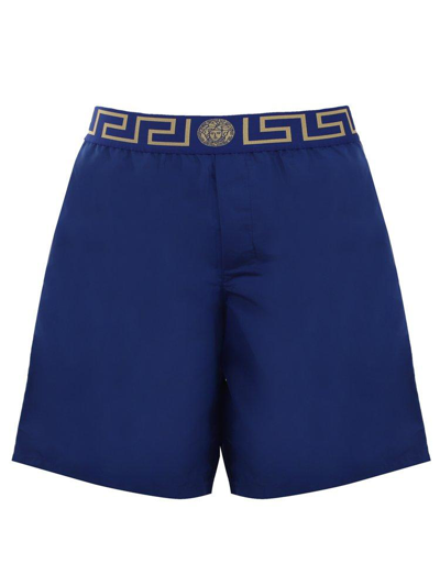 Shop Versace Greca Waistband Swim Shorts In Bluette Elastico Bluette-oro
