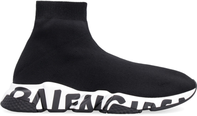 Shop Balenciaga Speed Lt Graffiti Knitted Sock-sneakers In Bianco