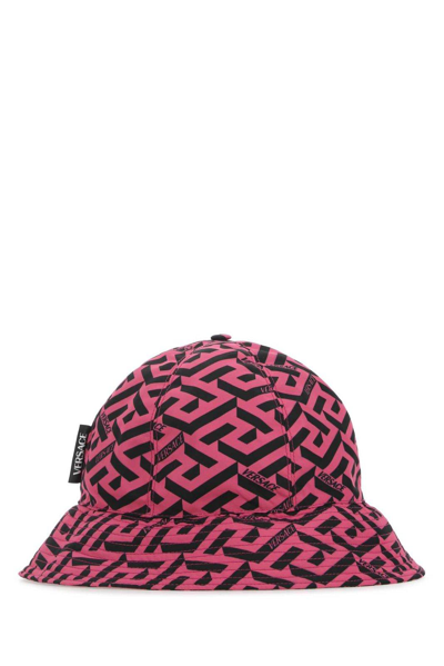 Shop Versace Greca Pattern Bucket Hat In Pink/black